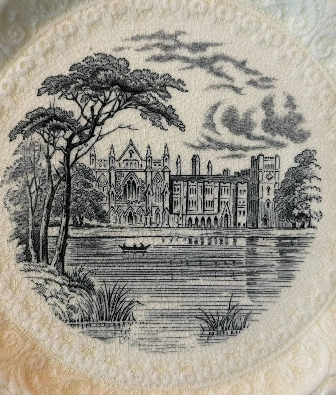 Square Black Transferware Newstead Abbey Home of Lord Byron Plate Scrolled Relief Border