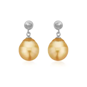 Sterling Silver 9-11mm Golden South Sea Pearl Earrings