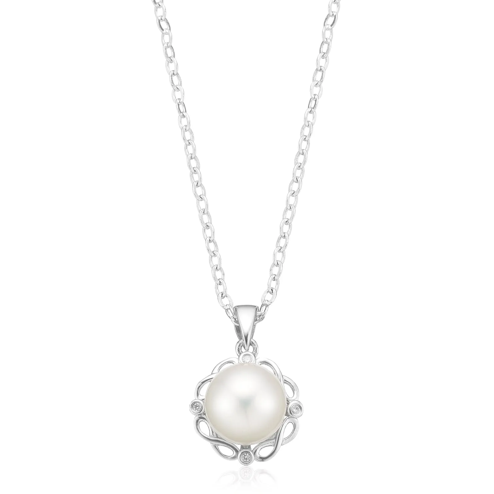 Sterling Silver Round 8-9mm Freshwater Pearl & Diamond Set Pendant