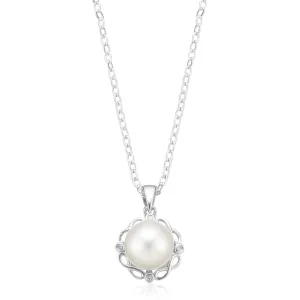 Sterling Silver Round 8-9mm Freshwater Pearl & Diamond Set Pendant