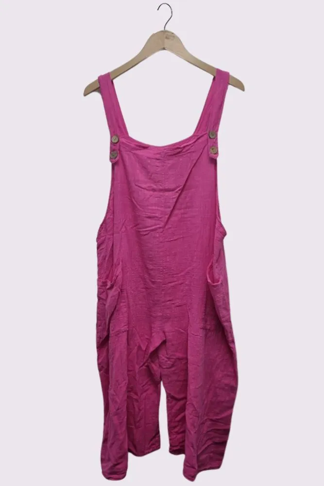 Strap Button Detail Plain Linen Jumpsuit Dungaree