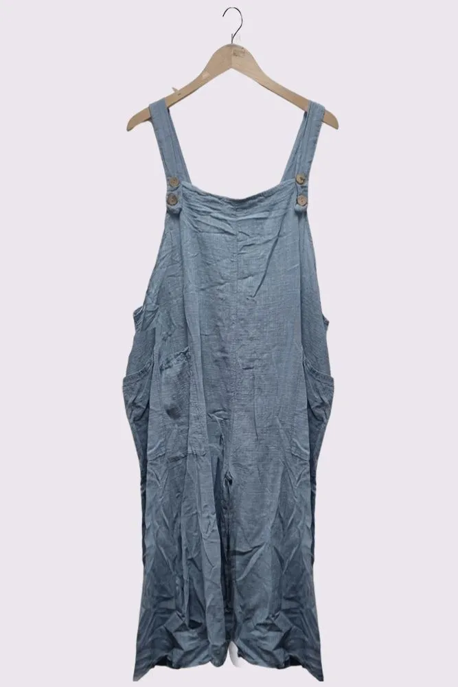 Strap Button Detail Plain Linen Jumpsuit Dungaree