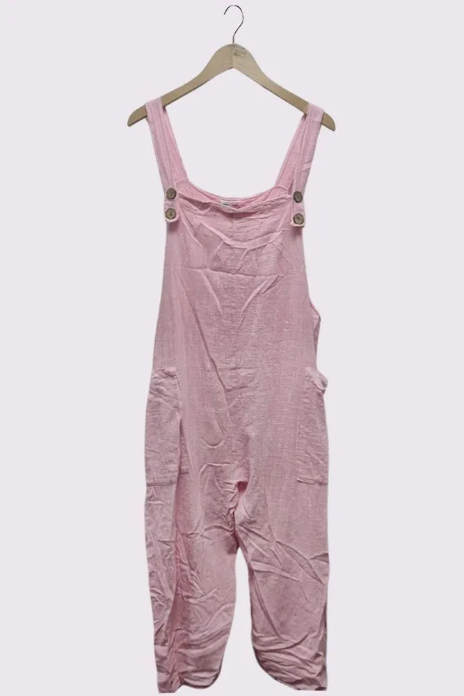 Strap Button Detail Plain Linen Jumpsuit Dungaree