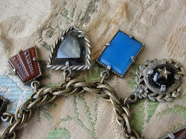 STUNNING Art Deco Czech Glass FOB Charm Bracelet 12 Detailed Watch Fobs,Quality 1920s-30s Unique Bracelet,Collectible Czech Glass Jewelry