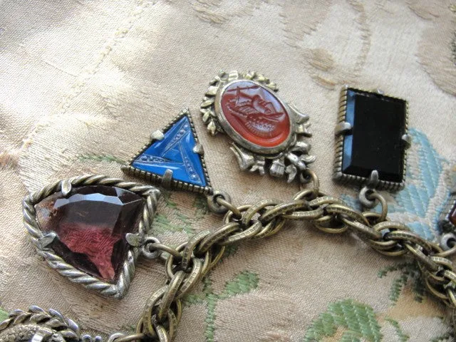 STUNNING Art Deco Czech Glass FOB Charm Bracelet 12 Detailed Watch Fobs,Quality 1920s-30s Unique Bracelet,Collectible Czech Glass Jewelry