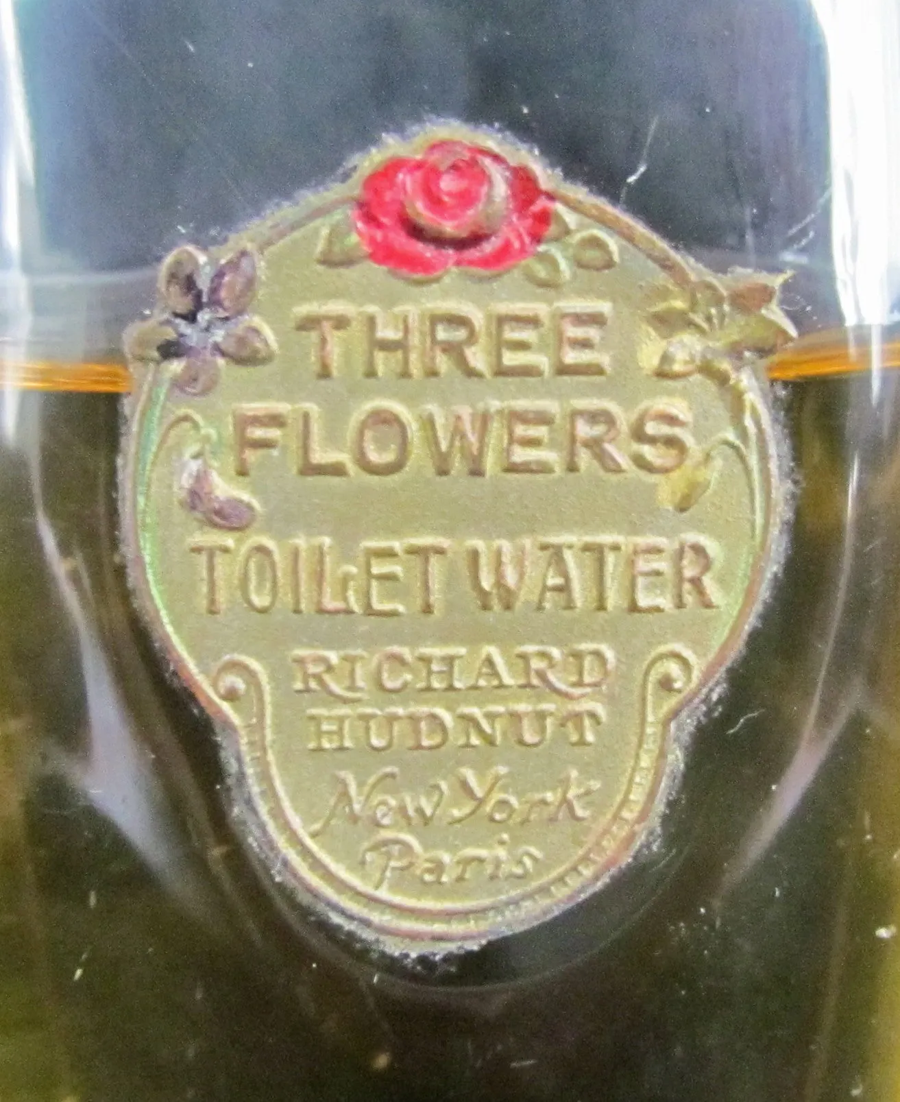 Three Flowers Perfume Bottle Richard Hudnut 1910's Antique Foil Label Bottle