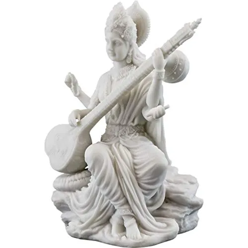 Top Collection Saraswati Statue - Hindu Goddess of Knowledge, Music & Art Sculpture in White Marble Finish- 5.75-Inch Figurine