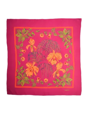 Valentino Vintage Fuchsia Vibrant Orchid Floral Print Silk Crepe Scarf