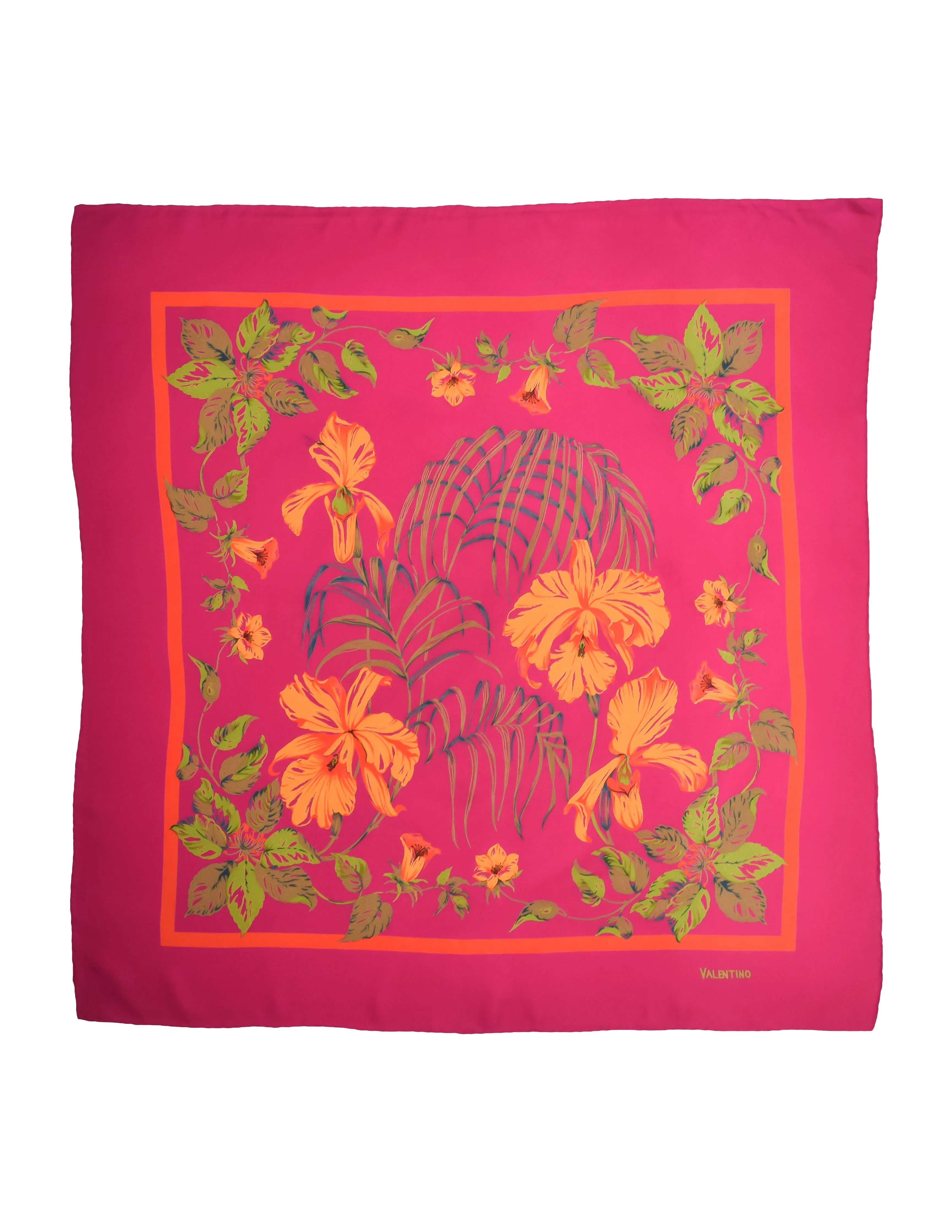 Valentino Vintage Fuchsia Vibrant Orchid Floral Print Silk Crepe Scarf