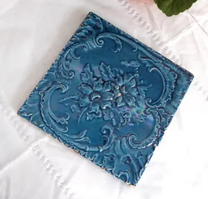 Victorian English Teal Aesthetic English Staffordshire Tile Majolica Art Pottery 1870s Trivet