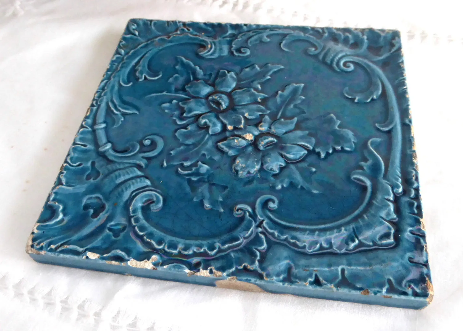 Victorian English Teal Aesthetic English Staffordshire Tile Majolica Art Pottery 1870s Trivet