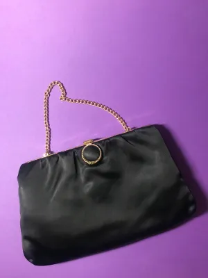 Vintage Black Satiny Evening Bag with Chain Handle and Circle Clasp