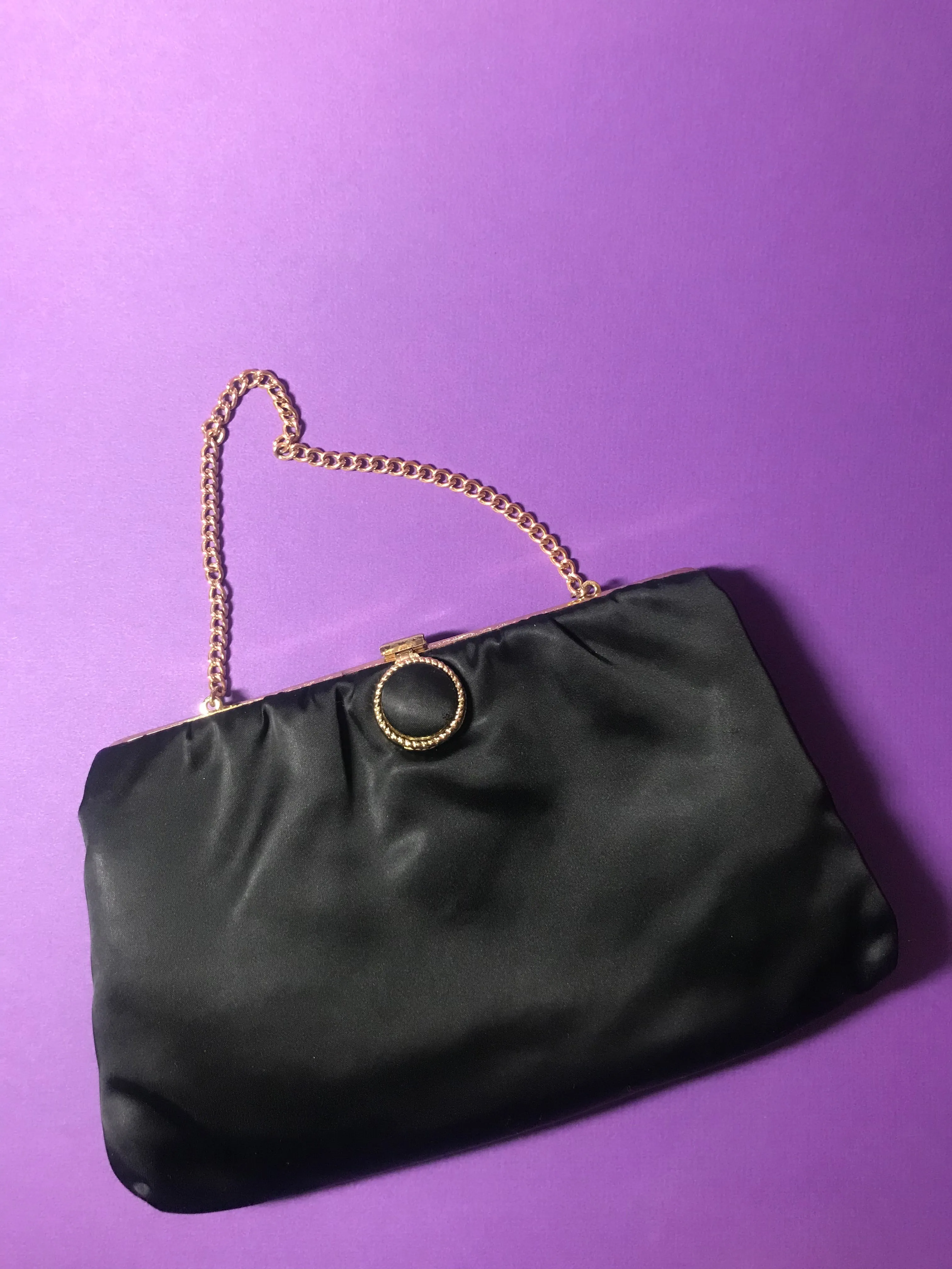 Vintage Black Satiny Evening Bag with Chain Handle and Circle Clasp
