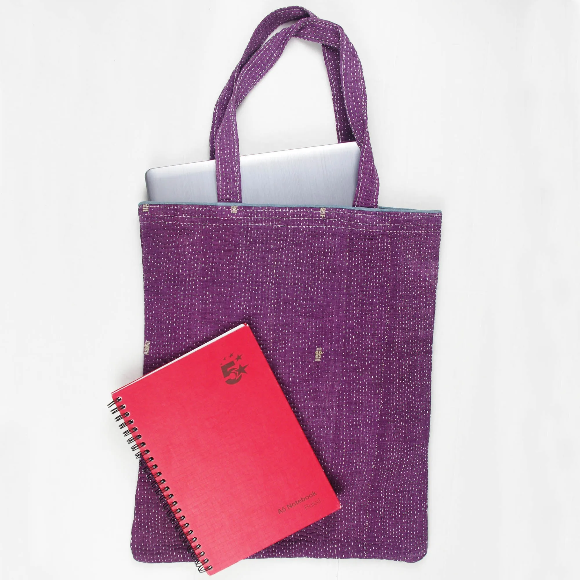 Vintage Fine Kantha Stitched Cotton Tote Bag- Dusty Purple