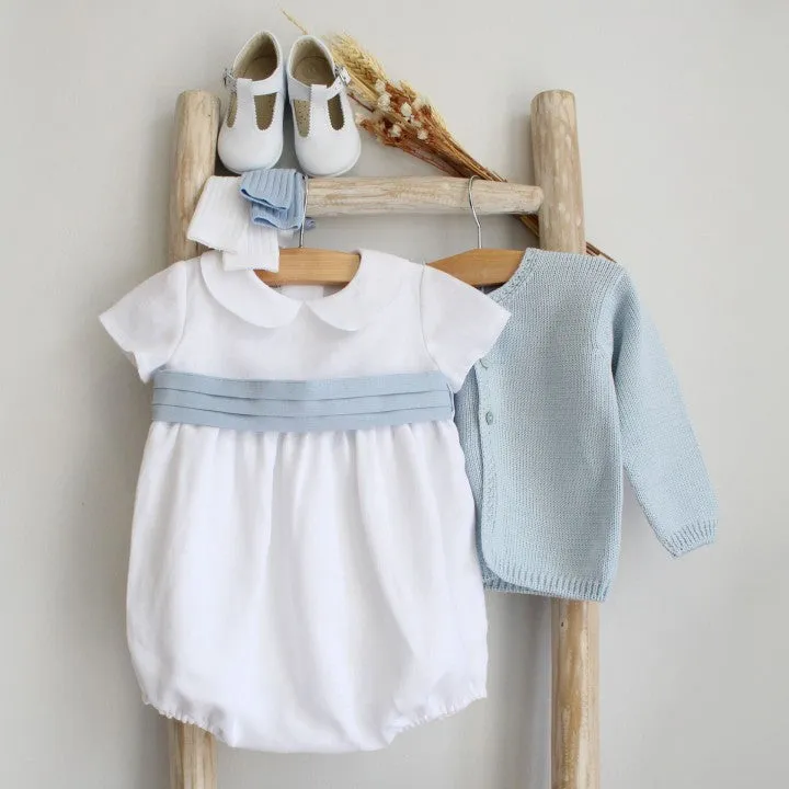 White Linen Romper with Blue Sash