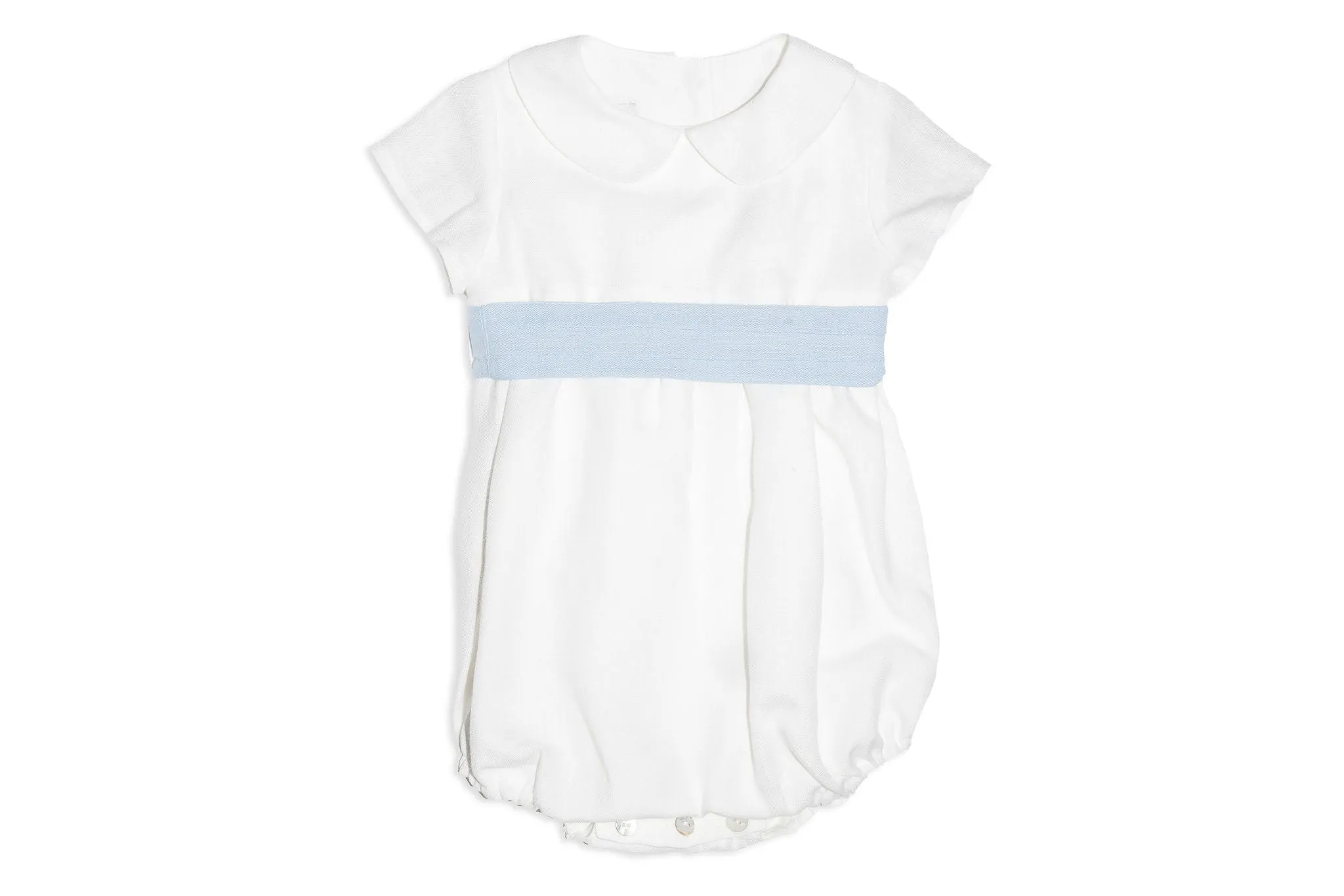 White Linen Romper with Blue Sash