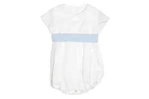White Linen Romper with Blue Sash