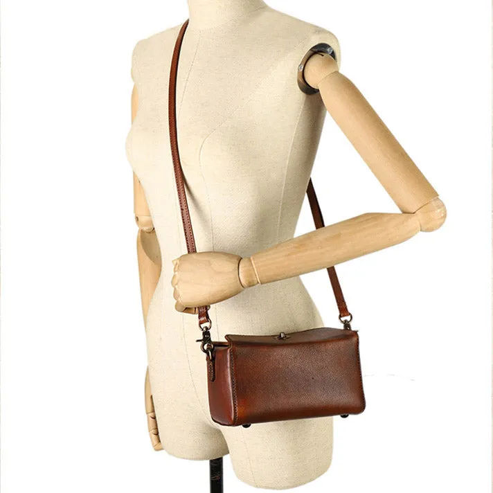 Womens Small Boxy Leather Crossbody Purse Leather Shoulder Bag For Women